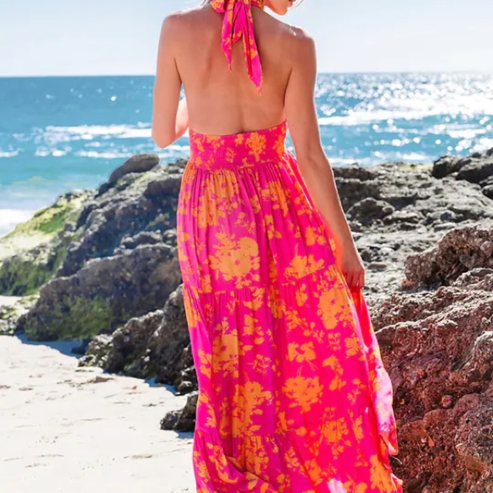 Cupshe Pink & Orange Floral Crossover Halter Maxi Dress